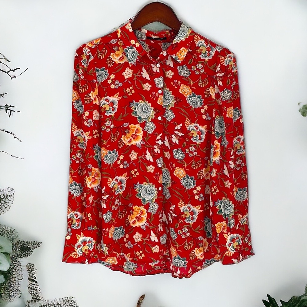 Tahari Red Floral Button-Front Blouse